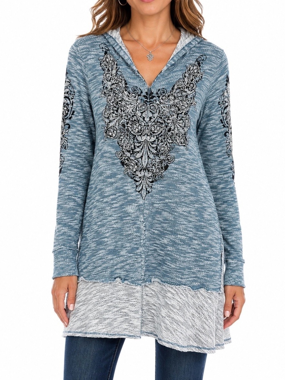 Vocal USA Blue Hooded Embellished Long Sleeve Tunic Top XL Boho Western